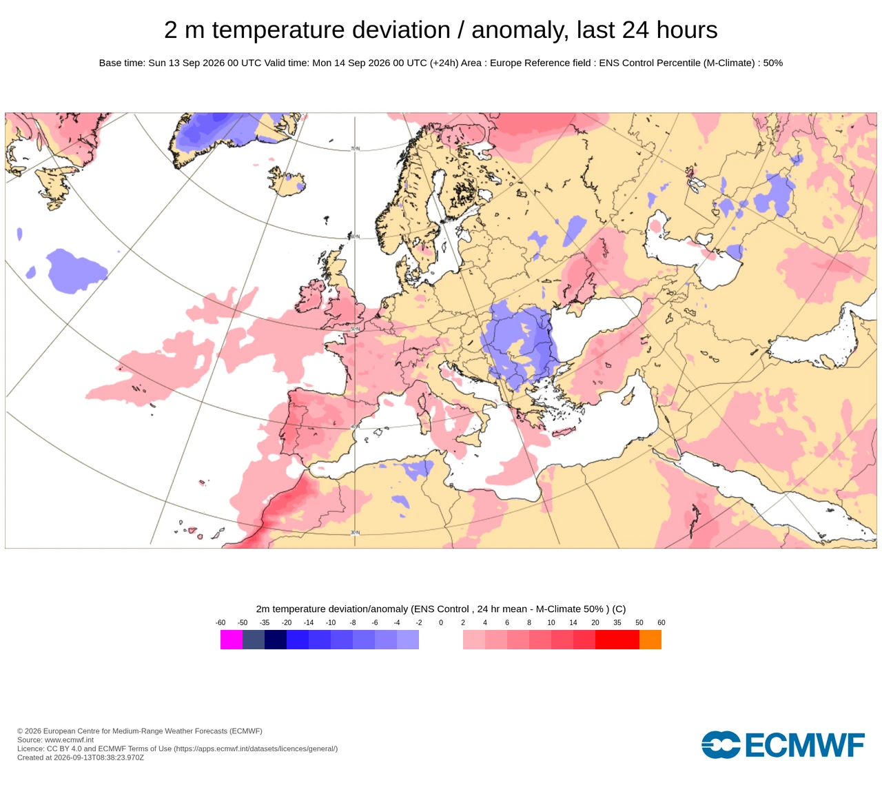 ECMWF Open Charts: 2 m temperature deviation / anomaly, last 24 hours. Europe. Base 13 Sep 2026 00 UTC. Valid 14 Sep 2026 00 UTC.