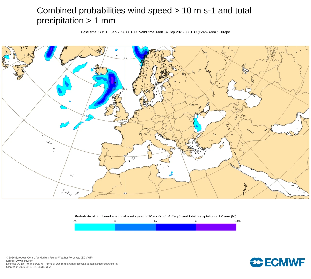 ECMWF Open Charts: Combined probabilities wind speed > 10 m/s and total precipitation > 1 mm. Europe. Base 13 Sep 2026 00 UTC. Valid 14 Sep 2026 00 UTC.