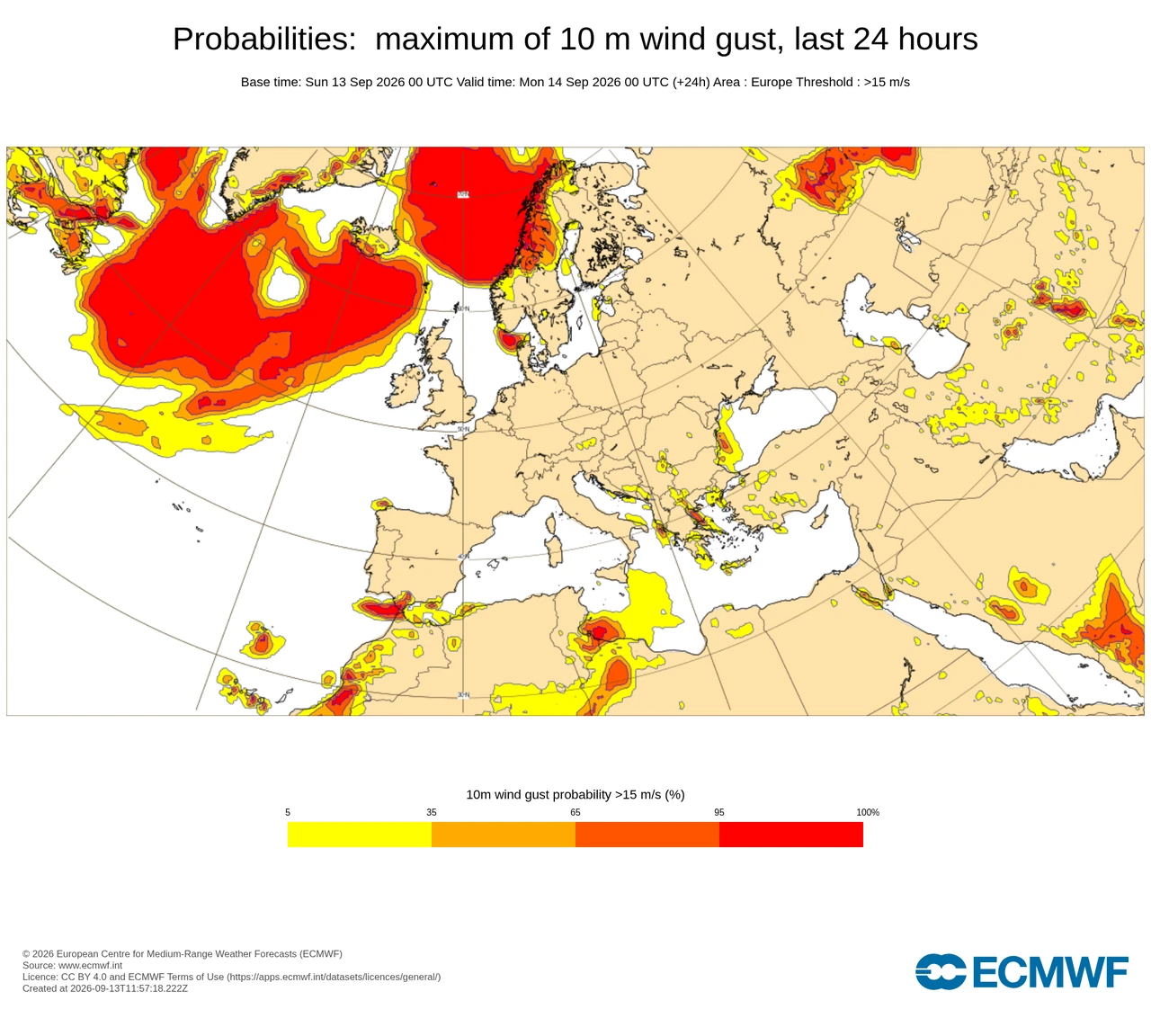 ECMWF Open Charts: Probabilities: maximum of 10 m wind gust, last 24 hours. Europe. Base 13 Sep 2026 00 UTC. Valid 14 Sep 2026 00 UTC.